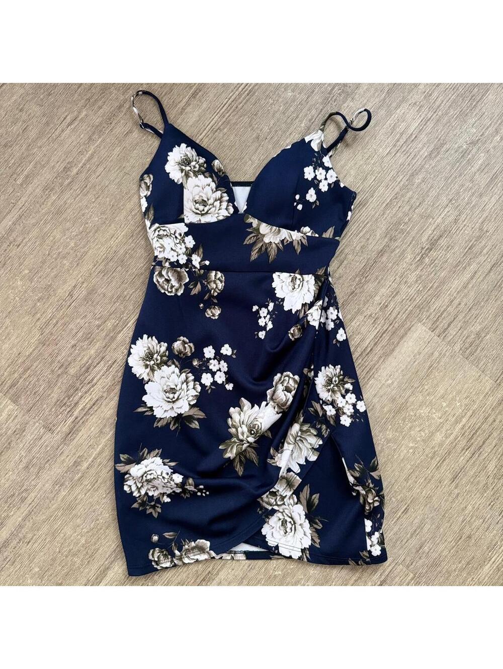 7DAYWKND Navy Blue Floral Bodycon Dress with Spaghetti Straps